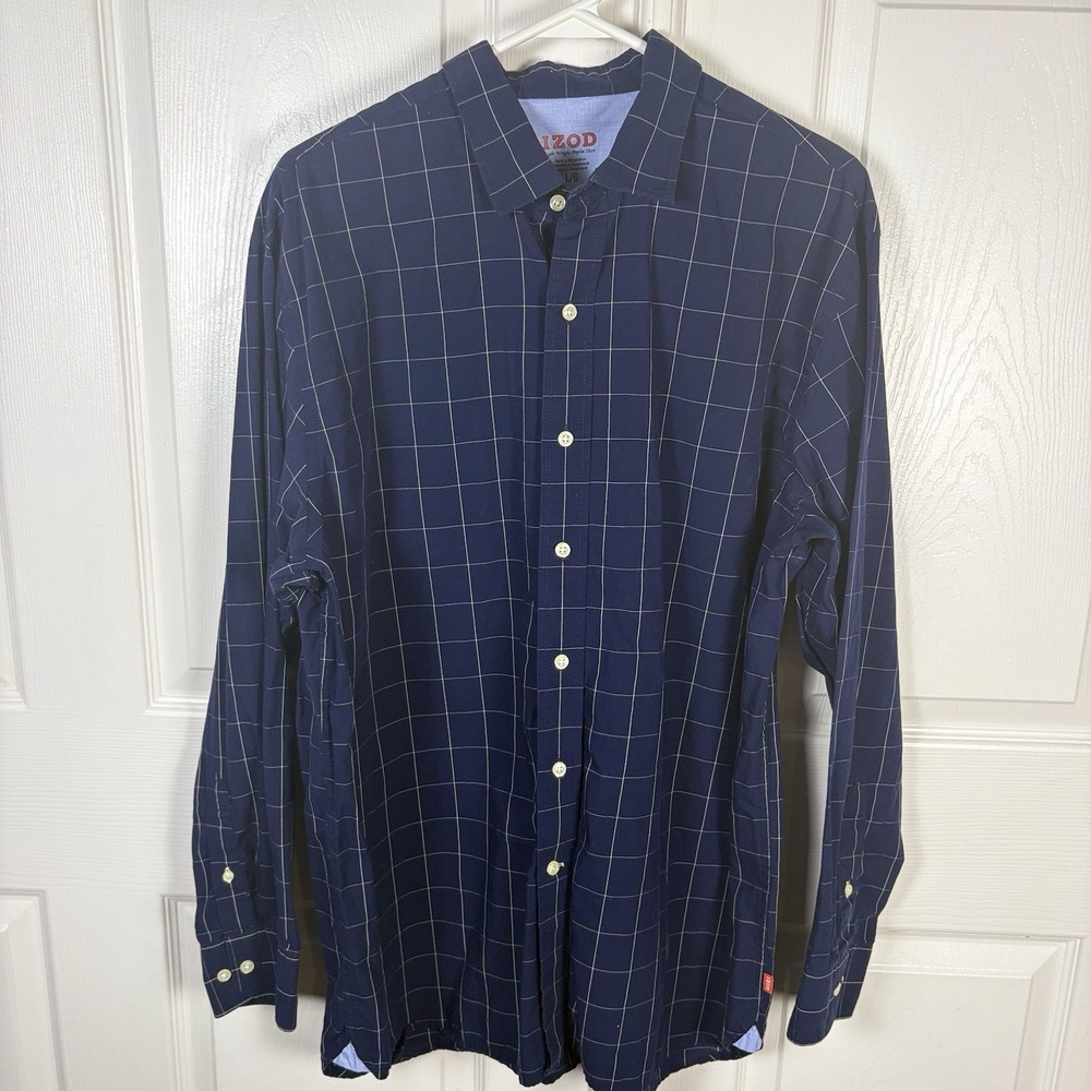 Izod Shirt‎ Mens Large Blue Poplin Plaid Button Up Long Sleeve Light Weight